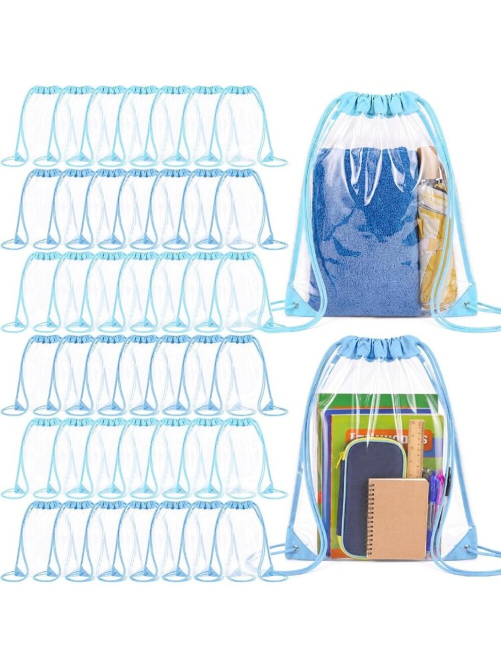 Huhumy Clear Drawstring Bags Bulk, 100 Pack, Light Blue